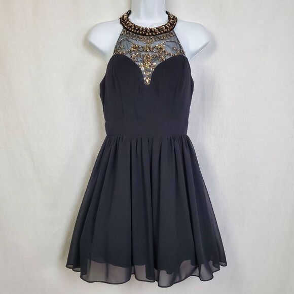 B. Darlin Black Embellished Halter Fit & Flare Cocktail Dress Size 5/6 Prom Part - Picture 1 of 8